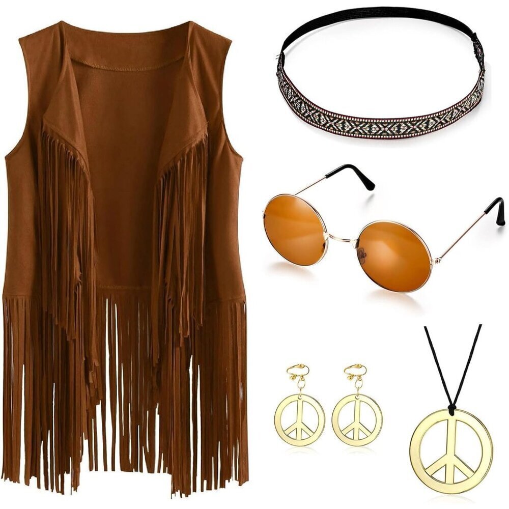 Women 60s 70s Hippie Outfit Set Peace Sign Earrings Fringe Vest Accessories